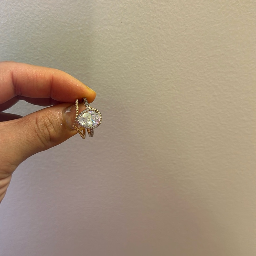 Pandora Timeless Sparkling Teardrop halo 14K Gold plated ring stack